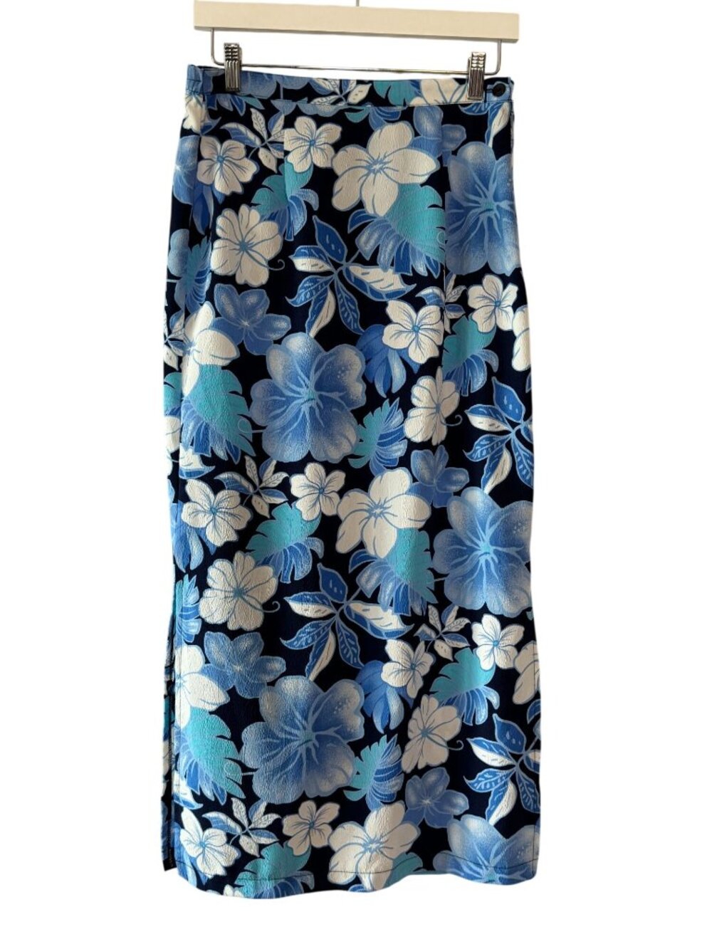 Vintage Briggs Floral Maxi Skirt Blue Tropical Hibiscus Side Slit Size Small